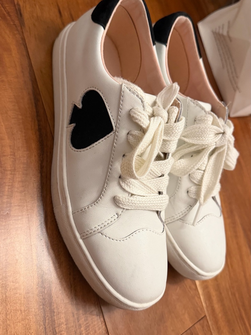 kate spade White Leather Sneakers with Black Heart Detail